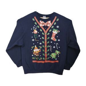 VTG Jerzees Christmas Sweatshirt Women's XL Navy Graphic Print Crew Neck